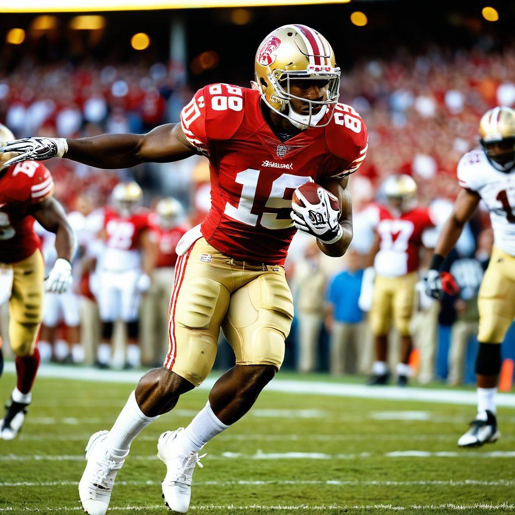 Create a dynamic scene of a football field capturing Reggie Bush in action, showcasing his athleticism and determination. Include a cheering crowd in the background, with vibrant team colors and banners. Highlight his Heisman Trophy in a prominent way to symbolize his achievements, with a sunset casting warm light over the scene. Emphasize a sense of joy and triumph in his expression. super-realistic. vibrant colors. action-packed.