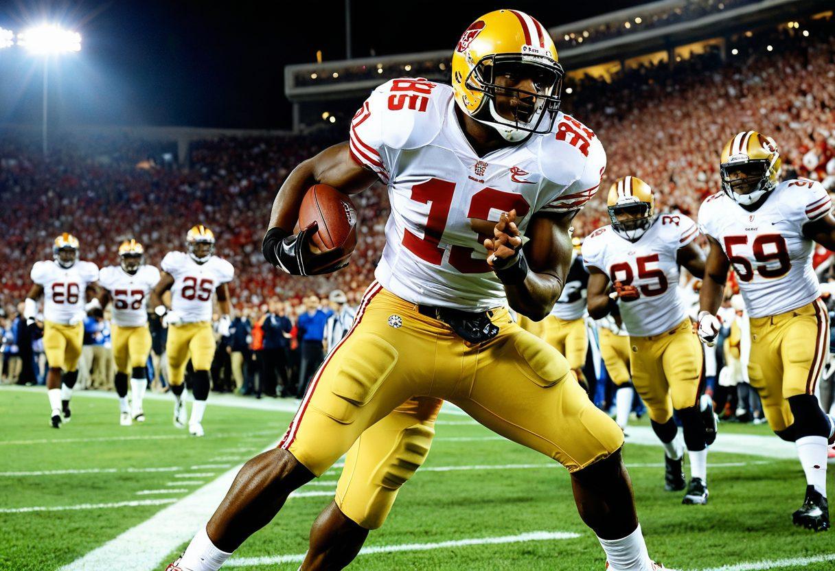 A dynamic collage featuring Reggie Bush in action on the football field, celebrating a touchdown with a triumphant smile. Encircle him with images of awards he has won, like the Heisman Trophy, and moments of joy with teammates and fans. Incorporate vibrant colors and a backdrop of a cheering crowd to enhance the feeling of elation. super-realistic. vibrant colors. cinematic lighting.