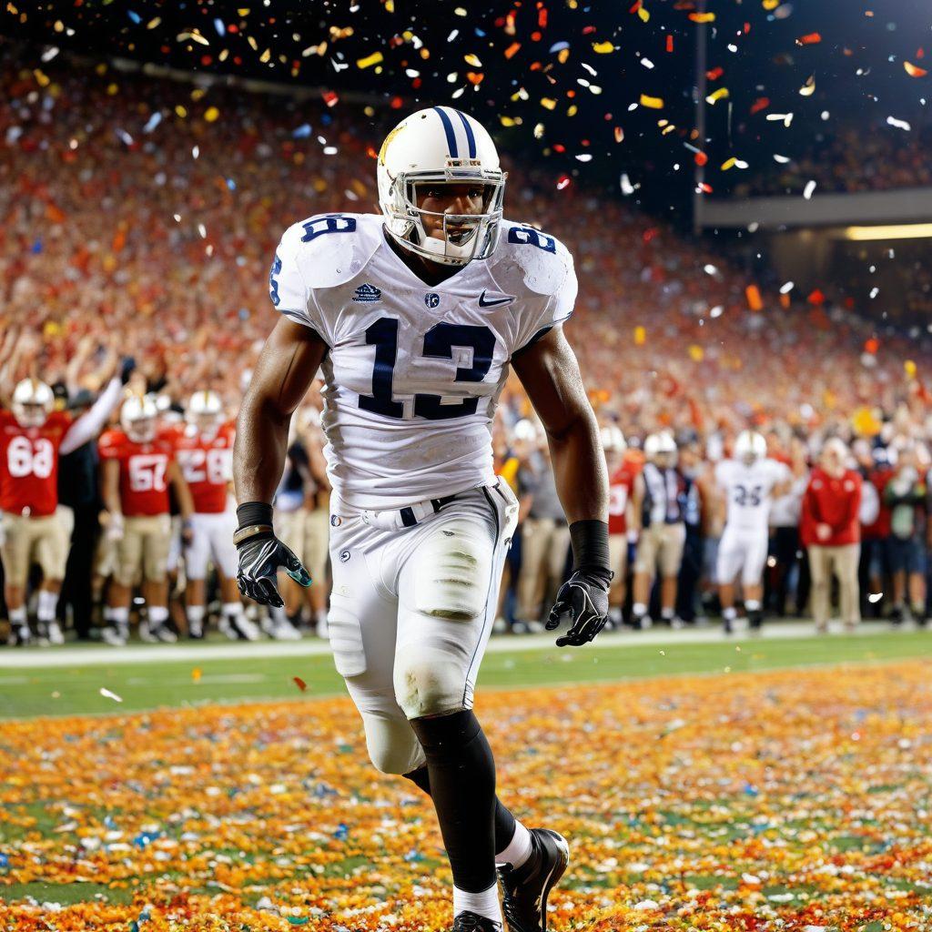 A dynamic split-scene image featuring Reggie Bush in his college football uniform on one side, surrounded by cheering fans and confetti, transitioning to him in an NFL jersey, celebrating a touchdown under the stadium lights. Add a sense of movement with blurred backgrounds to emphasize action, and include elements like a football and grass field. super-realistic. vibrant colors. energetic atmosphere.